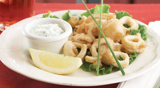 Calamari with Roasted Garlic Mayo and Tzatziki