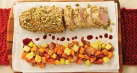 Pumpkin Seed Crusted Pork Tenderloin with Pomegranate Syrup and Root Vegetable and Potato Hash by Dave Schultz of Saucer's Café