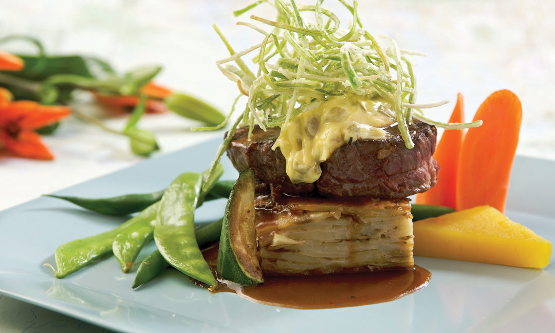 Grilled Grass-Fed Beef Steak with Potato Gratin