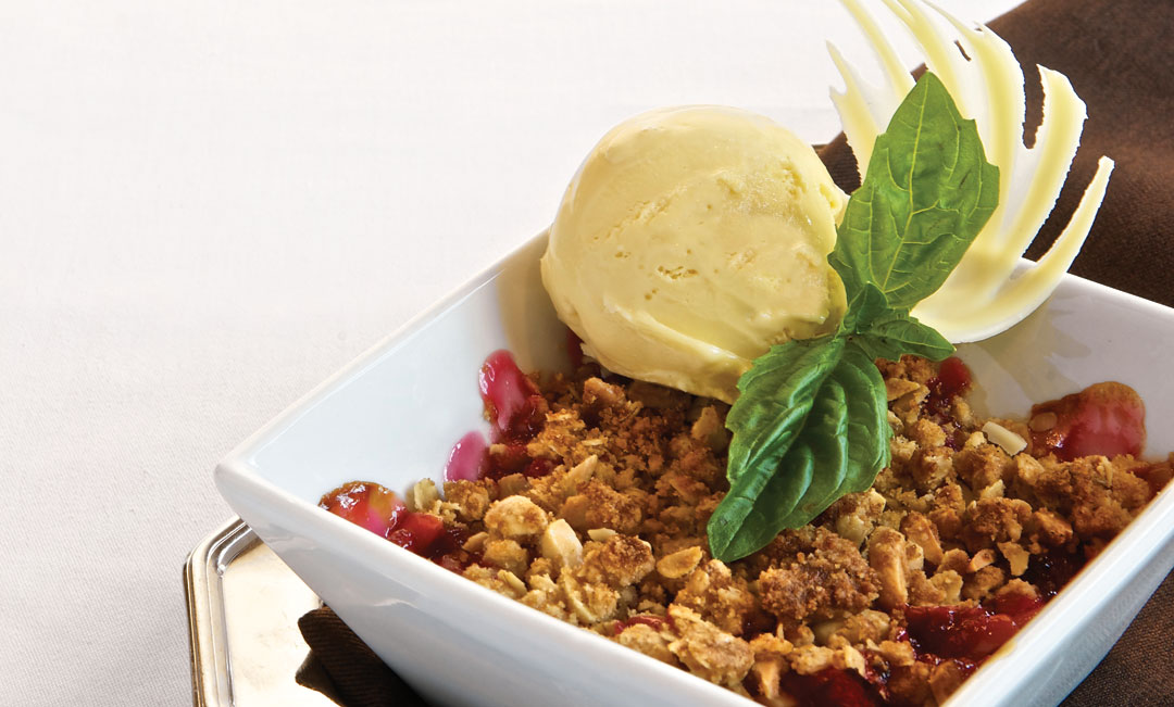 Warm Rhubarb Crisp with Basil and White Chocolate Ice Cream by Pastry Chef Richard Warren of The Fort Garry Hotel