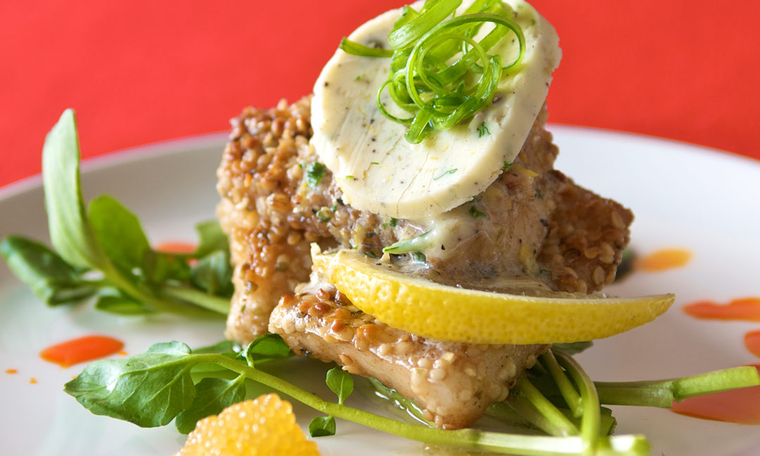 Hemp-Seed Pickerel with Northern Pike Caviar and Lemon-Caper Butter by Chef Grant Mitchell of Nicolino's