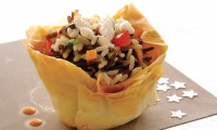 Gwen Stefani’s Wild Rice Mushroom & Chèvre Phyllo Cup with Roasted Roma Tomato Coulis by Chef Roger Wilton of MTS Centre