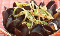 Moules Flamande au Pernod with Tempura Leeks by Chef/Owner Fern Kirouac of In Ferno's Bistro