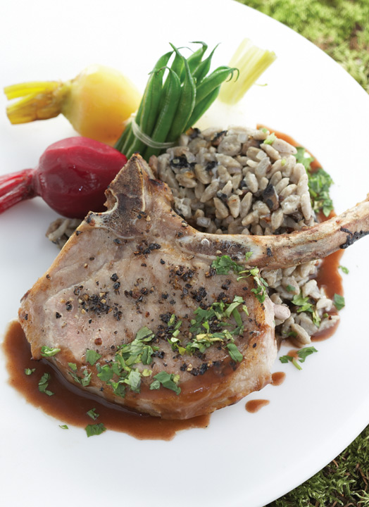 Pork Chop with Ginger Cilantro Glaze and Wild Rice Orzo by Chef Ray Miller of York The Hotel