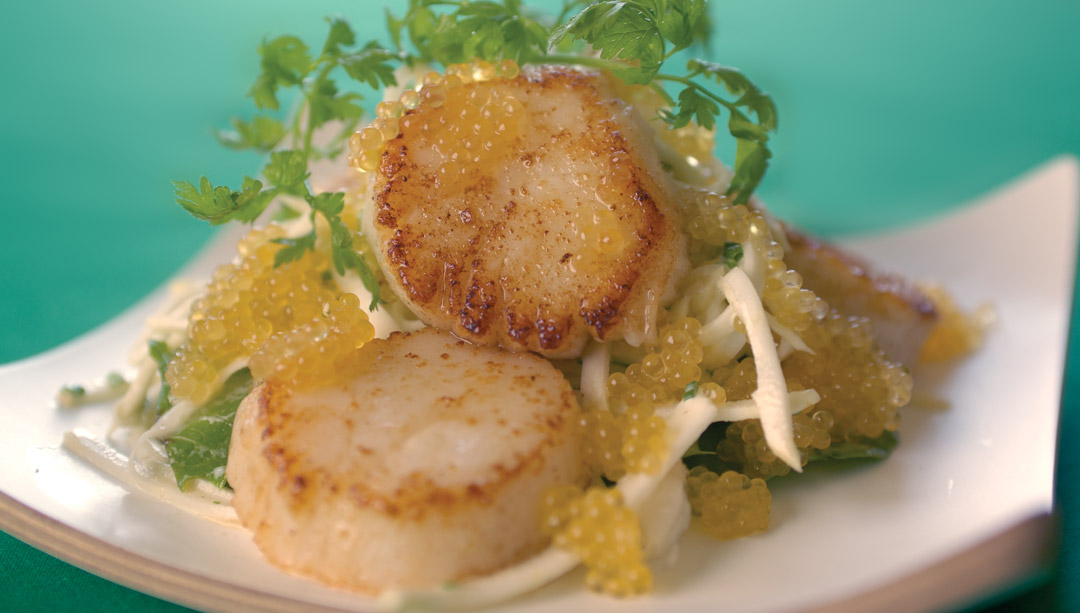 Celery Root Salad, Seared Scallops and Marinated Manitoba Golden Caviar by Chef Makoto Ono of Edohei