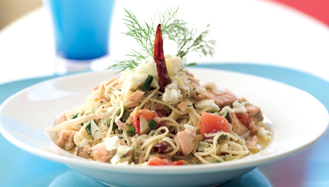 Poached Salmon Capellini in Herb and White Wine Horseradish Broth by Chef Perry Scaletta of La Scala