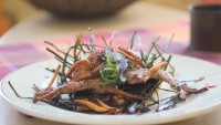 Quail with Frizzled Leeks in a Yellow Tomato and Turnip Cou-Cou Nest by Chef/owner Antoinette Oliphant of La Table des Bonnes Soeurs