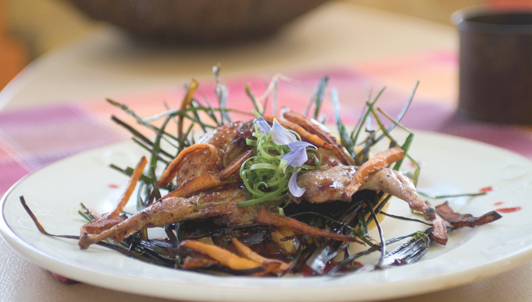 Quail with Frizzled Leeks in a Yellow Tomato and Turnip Cou-Cou Nest by Chef/owner Antoinette Oliphant of La Table des Bonnes Soeurs