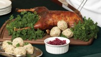 Roast goose with semmelknoedel (bread-dumplings) by Chef/owner Kurt Wagner of Gasthaus Gutenberger