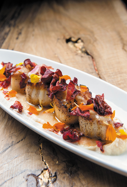 Sumptuous  seared scallops with beet chips at chew.