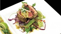 Six Peppercorn Seared Ahi with Wild Rice Pilaf and Green Tea Reduction by Chef Andy Arjoon of Coyote Cafe