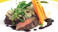 Beef Tenderloin with Goat Cheese-wild Mushroom Crust, Shallot Infused Balsamic, Black Currant Reduction by Chef Dave Bergmann of Bergmann's On Lombard