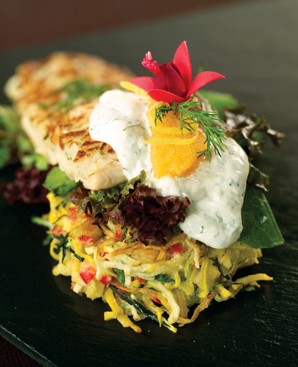 Potato Crusted Arctic Char with Zucchini Cake, Dill Crème Fraîche and Golden Caviar by Christine Casey of Fusion Grill