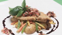 Spiced Cornmeal Crusted Tilapia with Caper Infused Smoked Whitefish Salsa by Chefs Scott Grant & Janet Grywacheski, Bergmann's On Lombard
