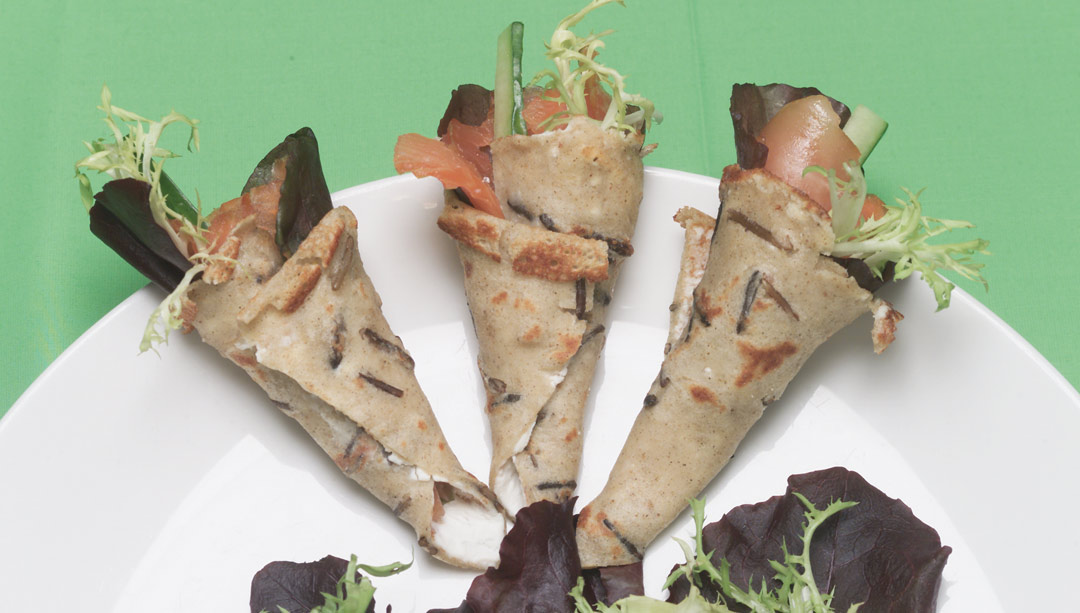 Wild Rice Hand Rolls Filled with Smoked Steelhead Trout and Cream Cheese by Chef Jason Wortzman, Wortzman's Catering