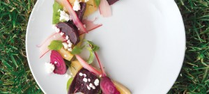 Roasted Beets with Fresh Cheese, Arugula and Rhubarb