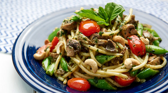 Bucatini Pasta with Basil Cashew Pesto